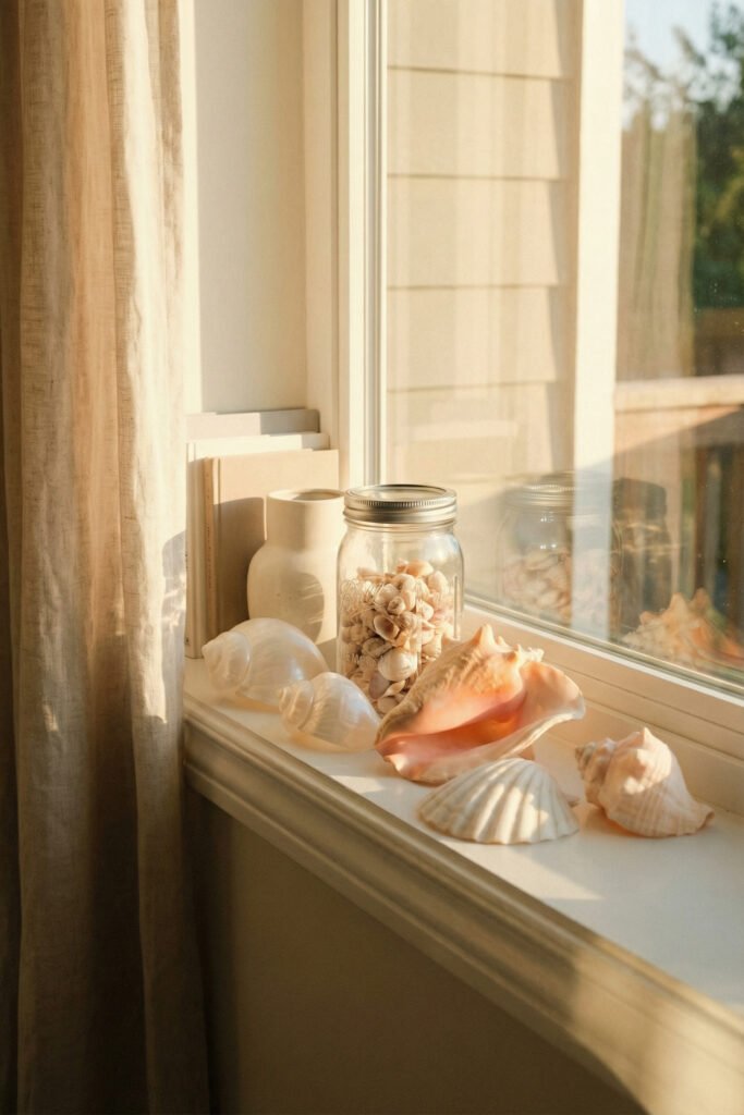 Shells and a jar of tiny shells arranged along a sunlit windowsill with soft linen curtains, creating a warm summer seashell display.
