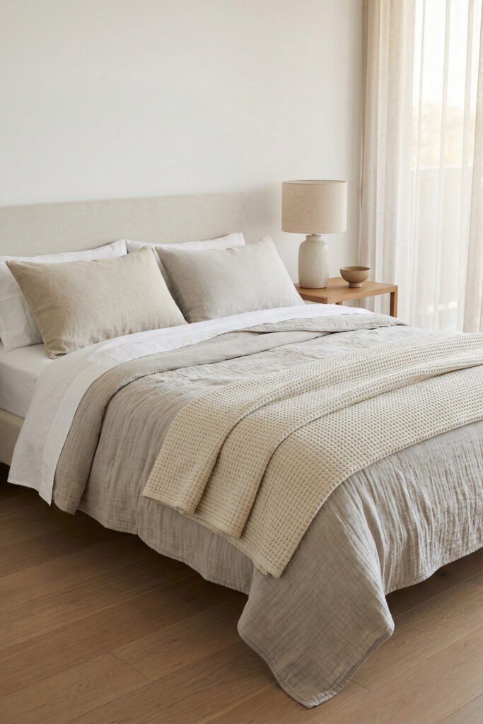 Spring Bedding Ideas for a Lighter, Fresher Bedroom 22 Soft beige gauze bedding layered with white sheets and a waffle blanket creates a minimal, airy spring bedding look.