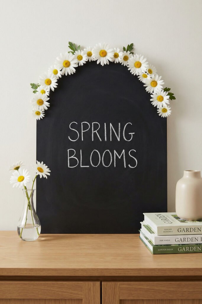 Spring Chalkboard Ideas That Feel Fresh and Easy to Style 20 Arched chalkboard with fresh daisies and “Spring Blooms” lettering on a console table with vase and garden books; cheerful spring chalkboard ideas for simple seasonal styling.