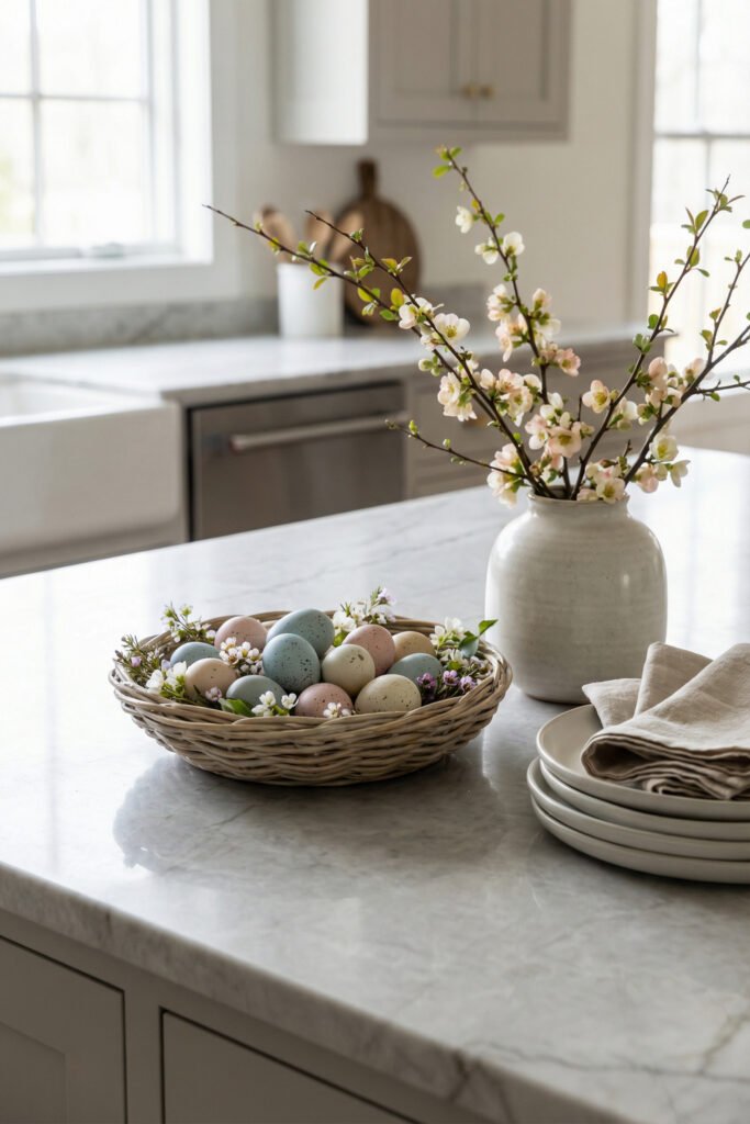 Marble kitchen island with a woven bowl of pastel speckled eggs, blooming branches in a ceramic vase, stacked plates, and neutral linens for spring kitchen décor
