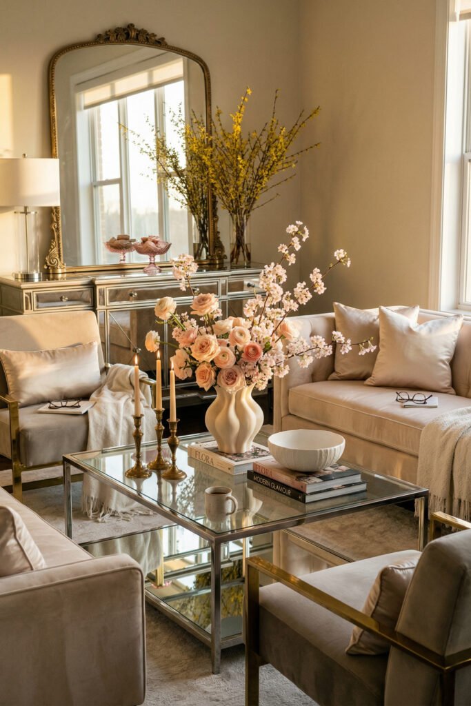 Blush velvet seating, mirrored furniture, gold accents, candles, and peach floral arrangement create glamorous spring living room décor.

