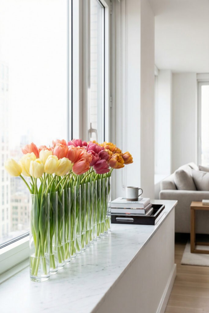 Spring Window Display Ideas For A Light-Filled Season 16 Modern spring window display with colorful tulips arranged in slim glass vases across a bright marble windowsill.