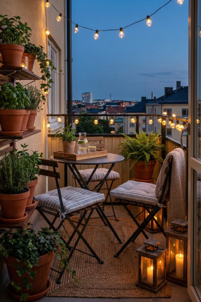 Summer Décor Ideas for an Airy, Collected Home 20 Cozy apartment balcony with string lights, candles, potted herbs, striped cushions, and bistro table for inviting summer decor.