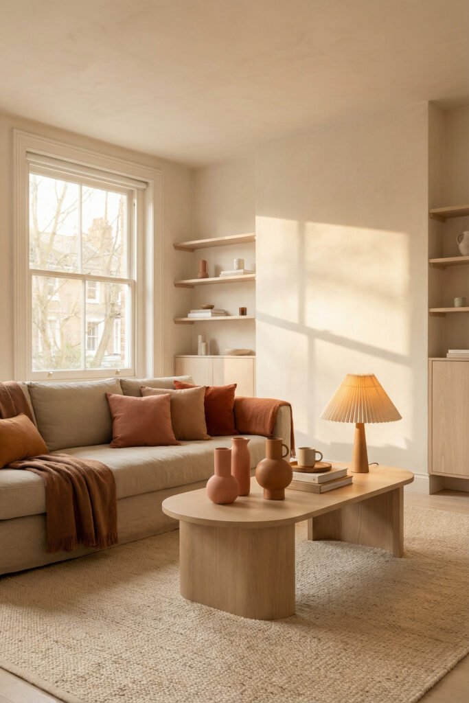 Warm living room with rust pillows, terracotta decor, pleated lamp, and a pale wood coffee table for earthy summer styling.
