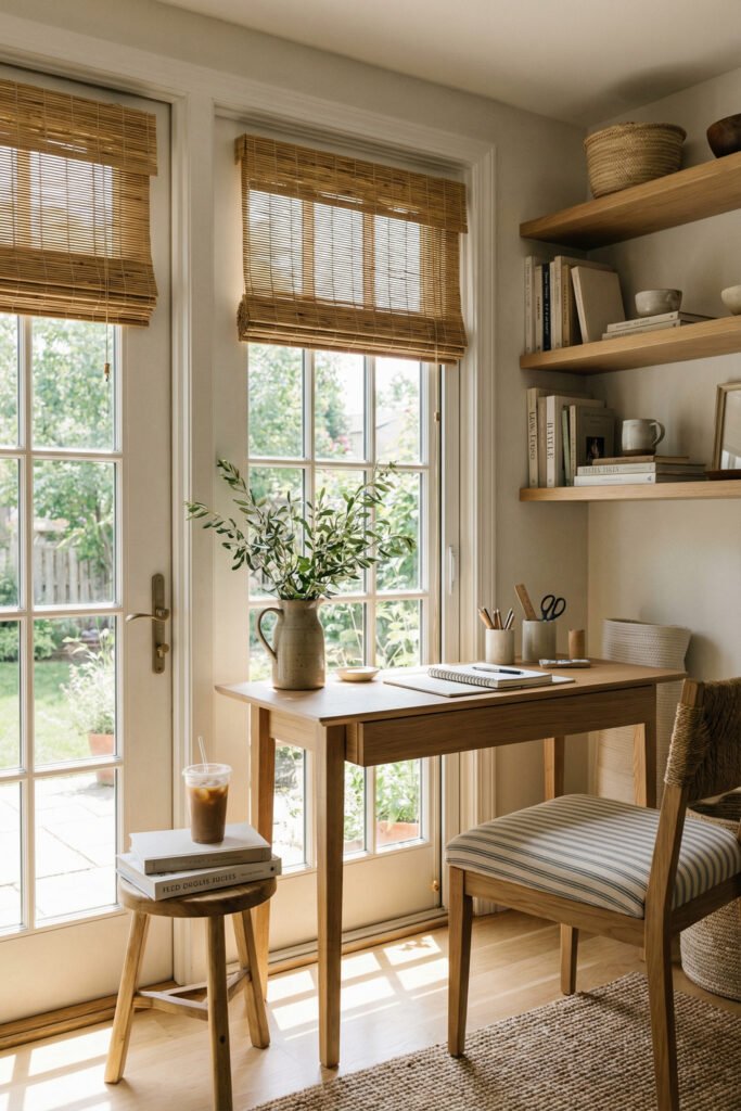 Sunlit desk by French doors with bamboo shades, striped chair, olive branches, and stool with iced coffee for Summer Office Decor.
