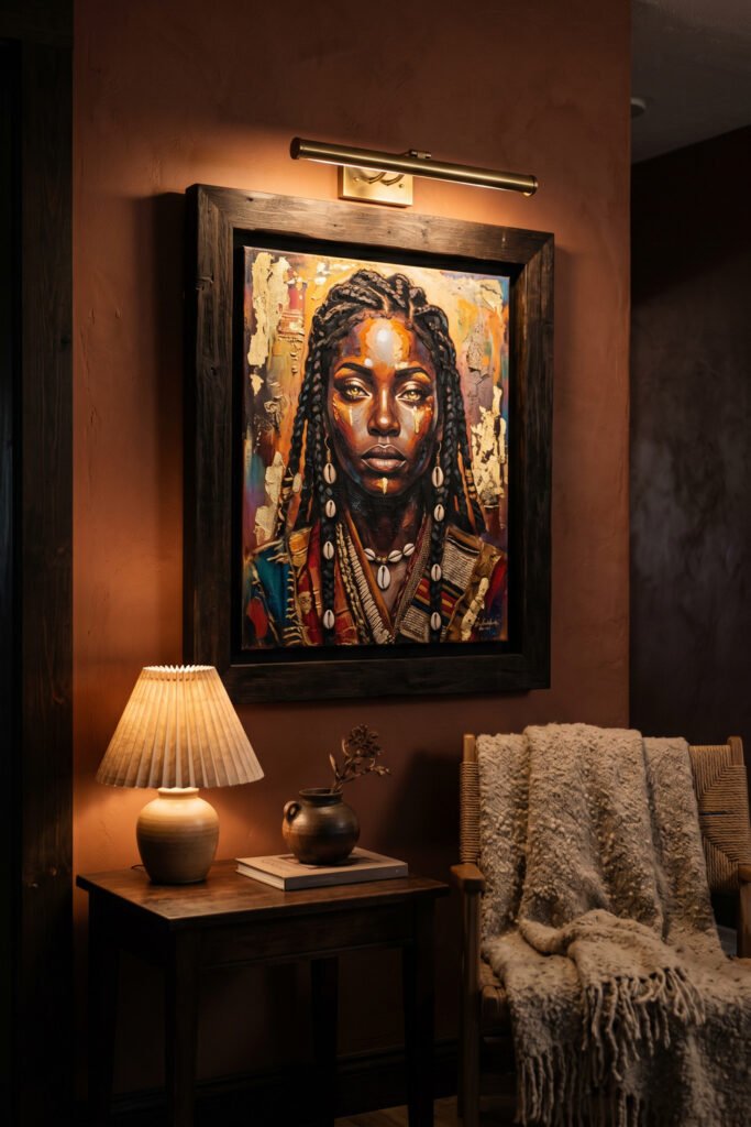 Deep brown Afro Art corner with a framed portrait, picture light, pleated table lamp, dark wood side table, woven chair, and plush textured throw
