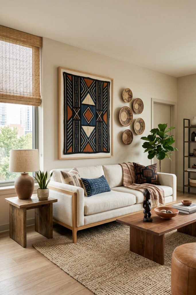 Light living room with cream sofa, framed geometric textile art, basket wall accents, wood table, and earthy pillows in a refined Afro Boho Decor space.
