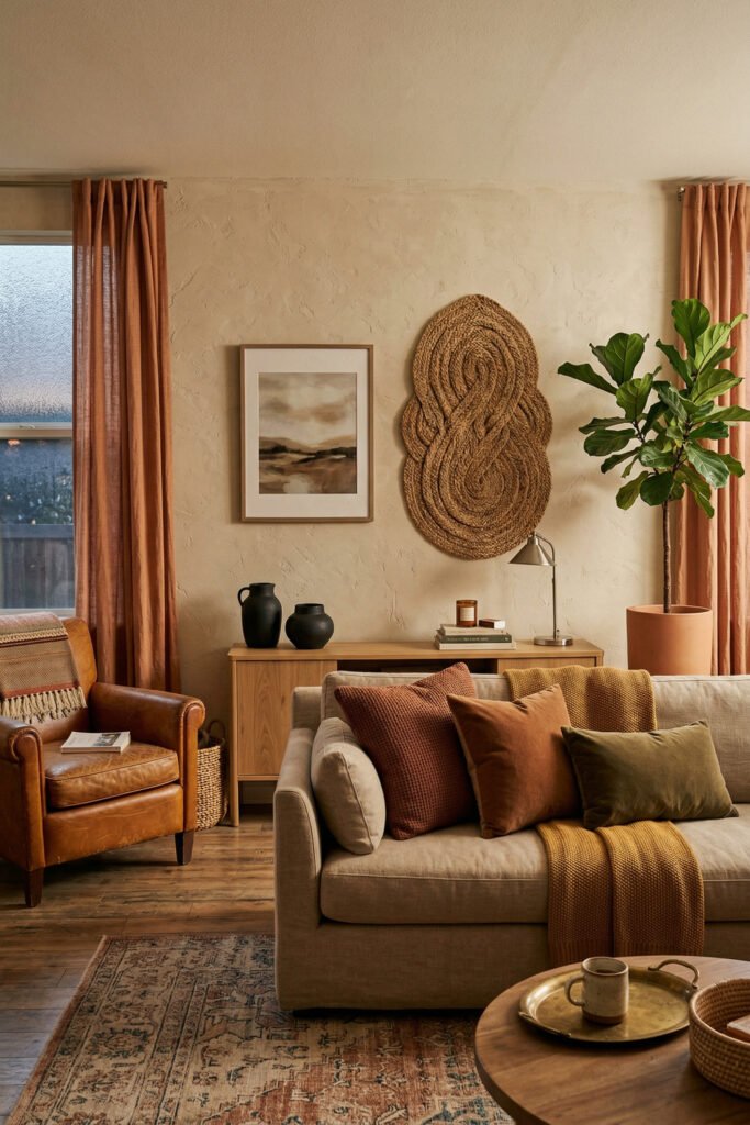 Earthy living room with rope wall art, blush curtains, taupe sofa, leather chair, vintage rug, and layered warm neutral decor.
