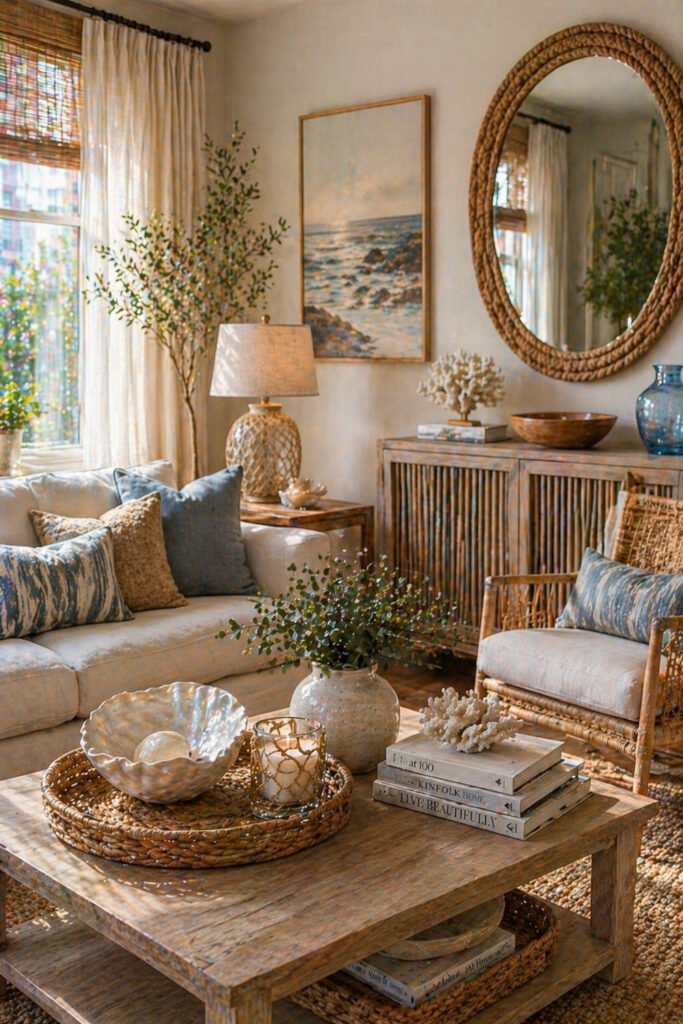 Bright coastal living room with woven textures, blue accents, rattan mirror, shell decor, and apartment vibes decor ideas
