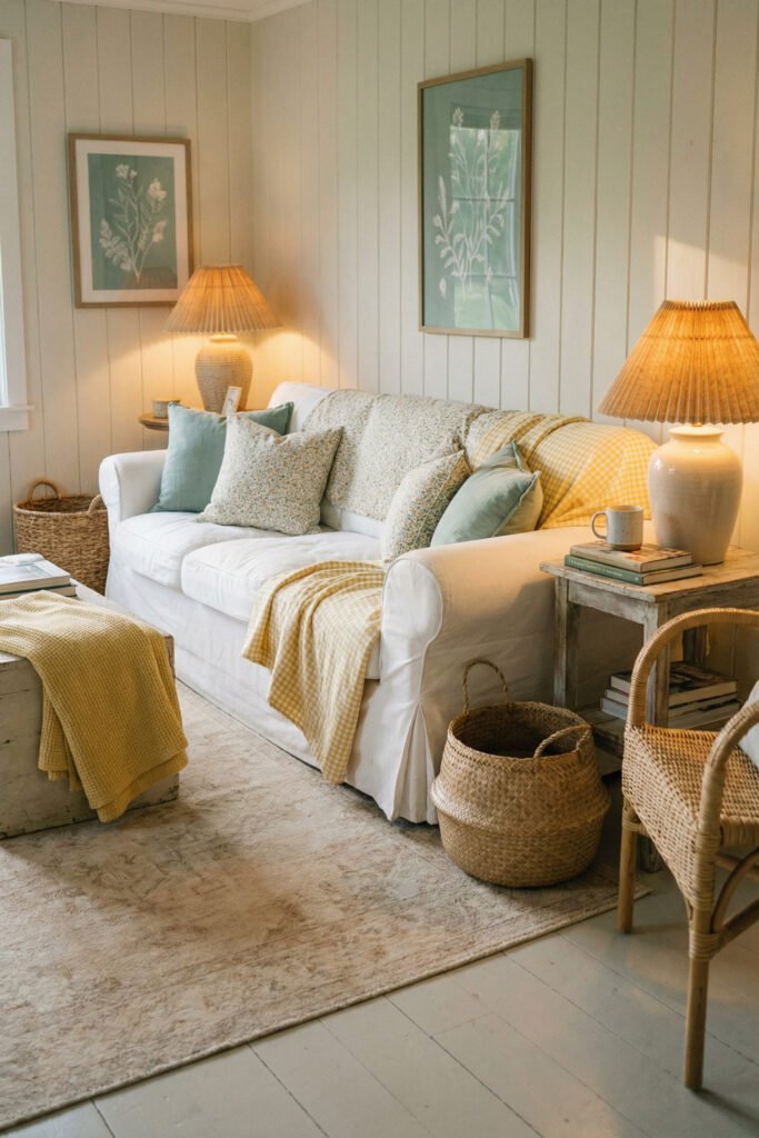 Beach Cottage Decor That Feels Fresh for Summer 23 Cozy sitting room with white sofa, yellow throw, woven baskets, pleated lamps, and soft green accents in beach cottage decor.