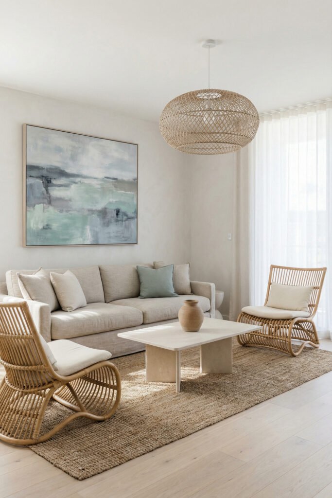 Coastal Summer Aesthetic Ideas for a Breezy Apartment 25 Neutral living room with wicker chairs, creamy sofa, woven pendant, and misty seascape art in a serene coastal summer aesthetic.