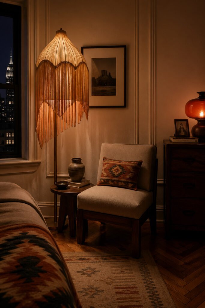 Warm bedroom corner with fringed floor lamp, accent chair, patterned pillow, city view, and decor ideas with personality
