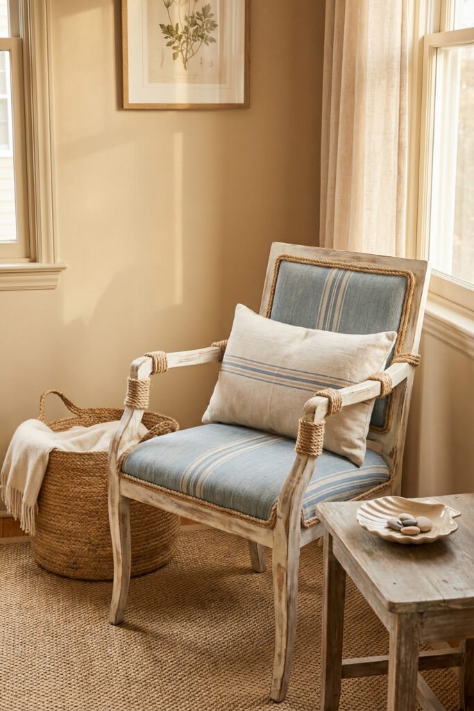 Diy Beach Decor That Feels Fresh for Summer 31 Blue striped chair with rope-wrapped details and linen pillow in a warm neutral corner, polished DIY beach decor accent.
