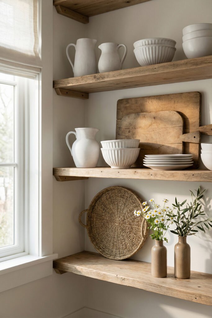 Rustic open shelves with white pitchers, vintage cutting boards, bowls, wicker tray, daisies, and olive stems in farmhouse summer decor style.
