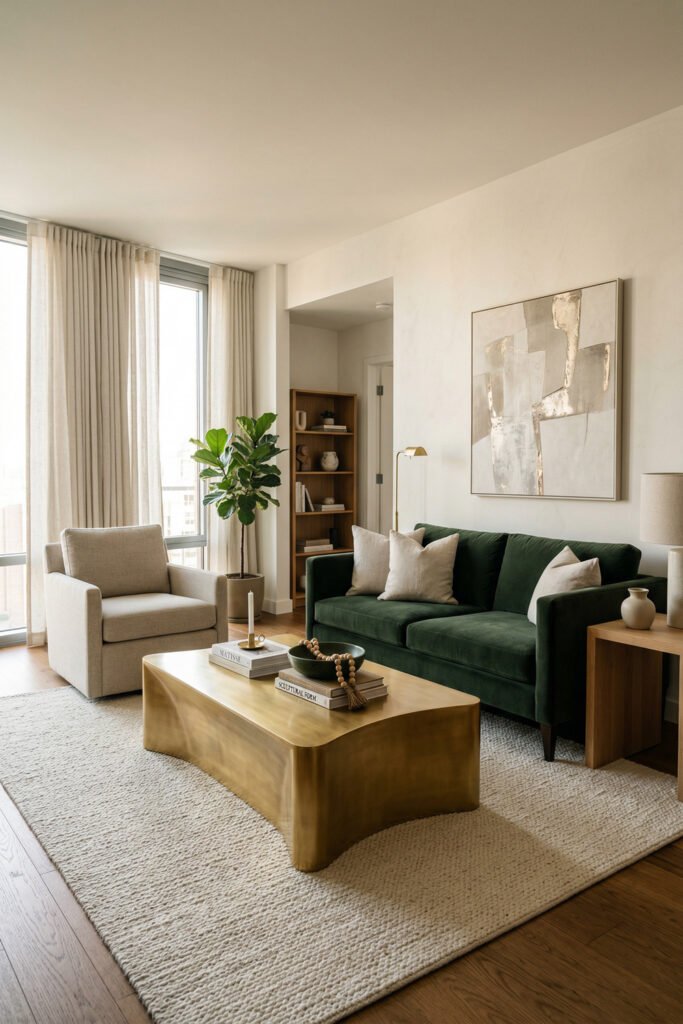 Green And Gold Room Ideas For A Stylish Living Room 34 Deep green sofa with large brass coffee table, neutral armchair, tall curtains, and soft abstract art in an airy elegant living room.