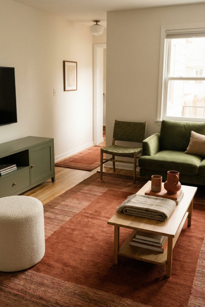 Simple Green And Rust Living Room with a green loveseat, rust area rug, olive chair, light wood table, white walls, and compact apartment layout.
