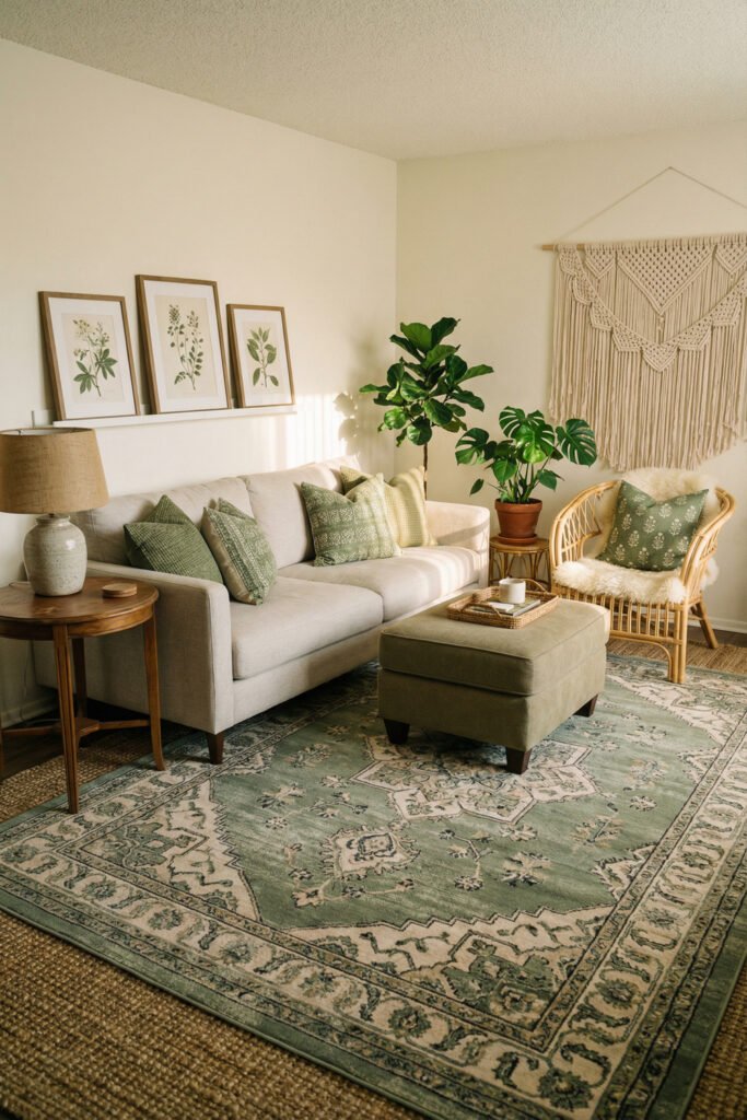 Green Boho Living Room Ideas With Relaxed Style 33 Soft Green Boho Living Room with cream sofa, sage rug, macrame wall art, wicker chair, green pillows, and warm natural wood accents.