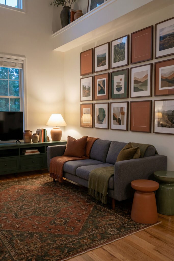 Green Burnt Orange Living Room Ideas With Rich, Easy Style 31 Gray sofa with green and rust throws, tall gallery wall and vintage rust rug in a moody green burnt orange living room