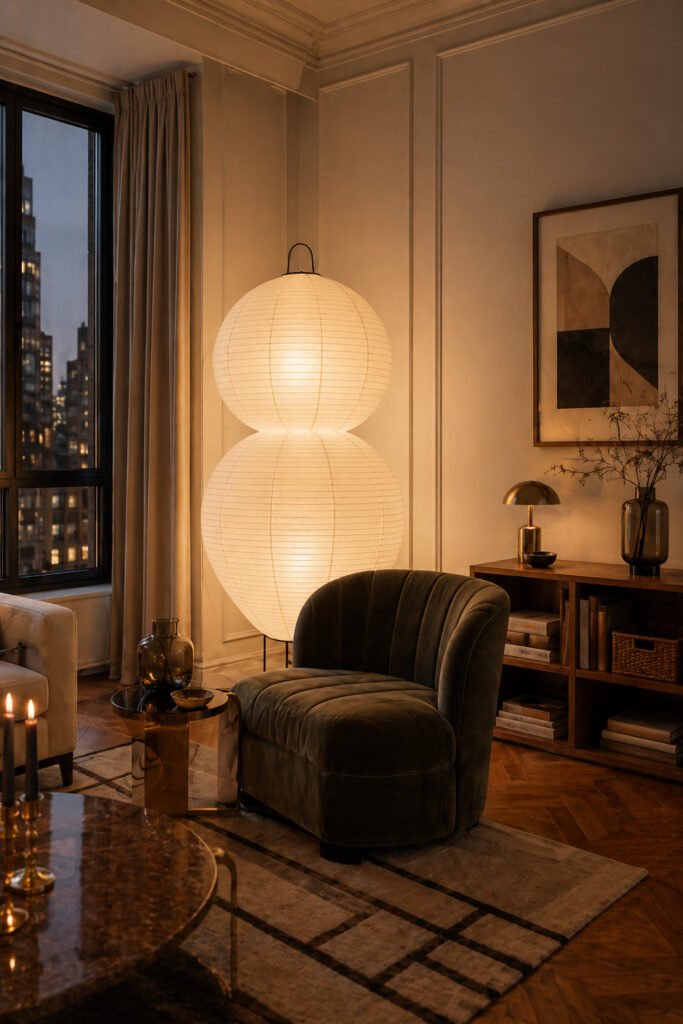 Elegant apartment corner with double paper lantern floor lamp, velvet chair, candles, city window, and warm ambient glow.
