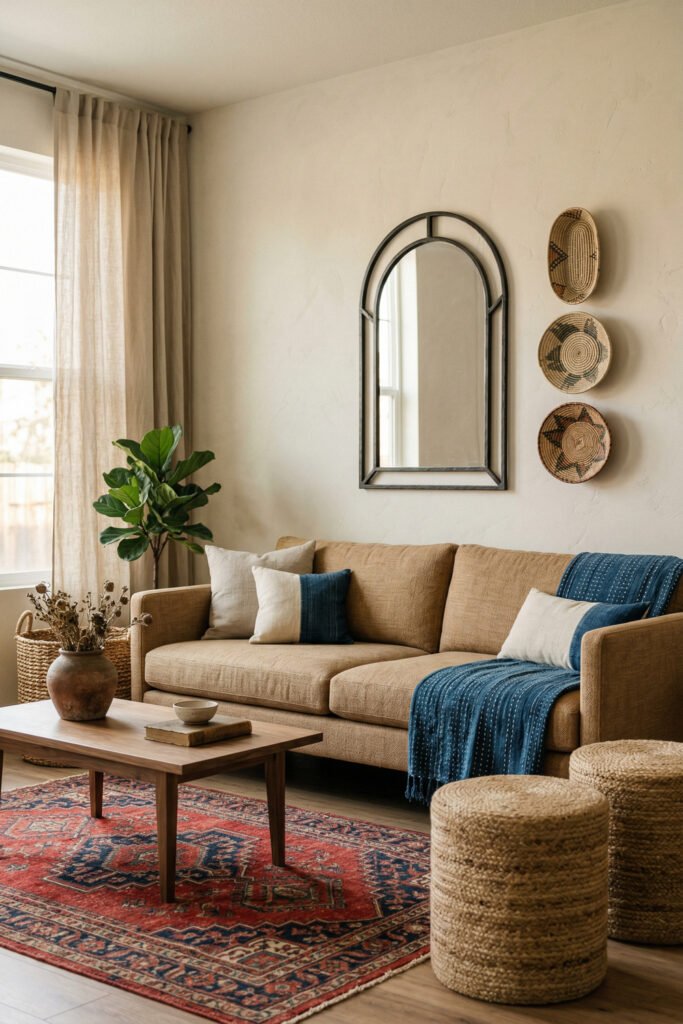 Tan sofa with indigo throw, arched mirror, woven wall baskets, jute stools, and vintage-style rug in a calm, collected Nubian Style living room.
