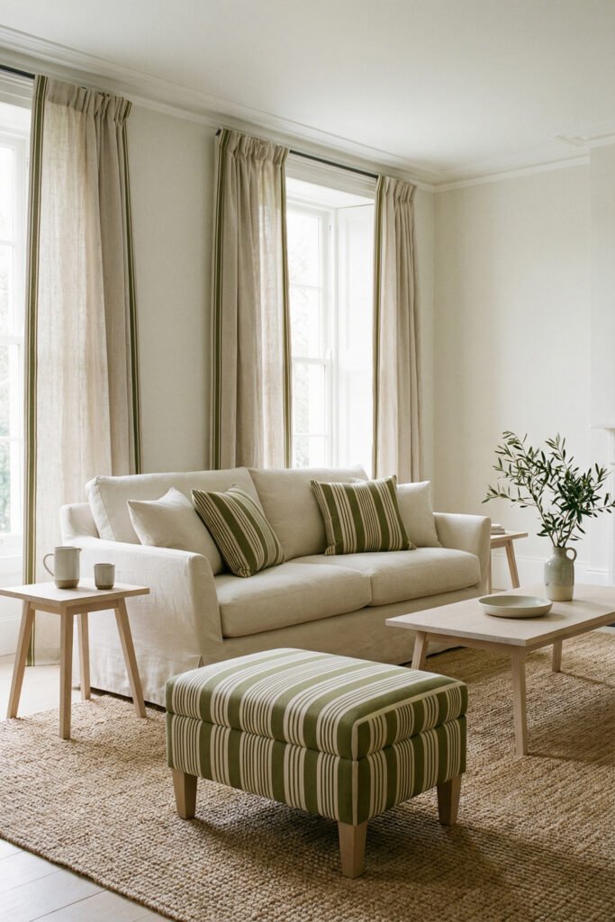 Olive Green Decor Ideas For A Layered Living Room 31 White sofa with olive striped pillows and ottoman, pale wood tables, and airy curtains in a fresh layered living room.