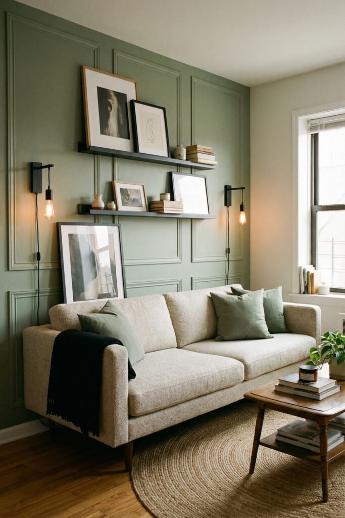Sage Green And Black Living Room Ideas for a Layered Look 27 Classic sage panel molding with black picture ledges, cream sofa, warm sconces, wood coffee table, and layered neutral textures.