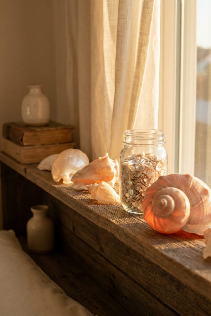 Jar of small shells styled on a rustic windowsill with larger shells glowing in sunset light for a cozy bedroom seashell display.
