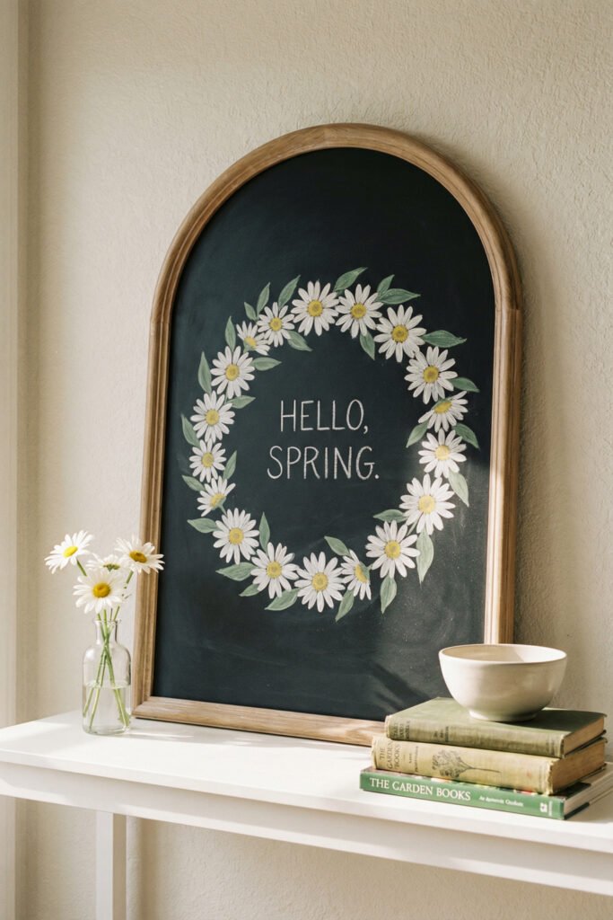Spring Chalkboard Ideas That Feel Fresh and Easy to Style 21 Wood-framed arched chalkboard with painted daisy wreath and “Hello, Spring.” above books and a vase; soft spring chalkboard ideas with cottage charm.