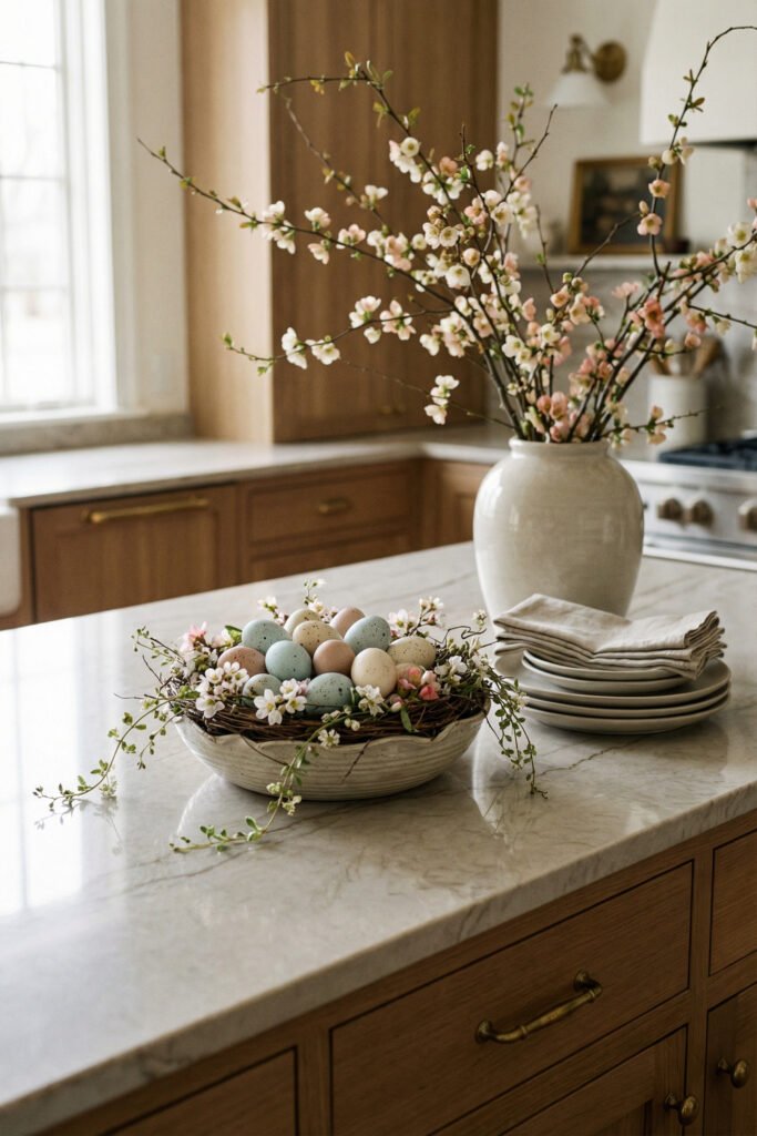 Warm wood kitchen island styled with pastel eggs in a nest bowl, stacked plates, linen napkins, and flowering branches in a ceramic vase for spring kitchen décor
