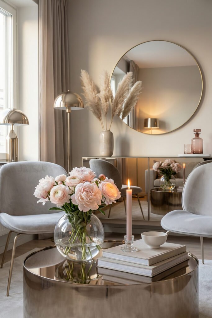 Soft glam living room with mirrored cabinet, round mirror, pale bouquet, pink candle, and plush chairs for elegant spring living room décor.
