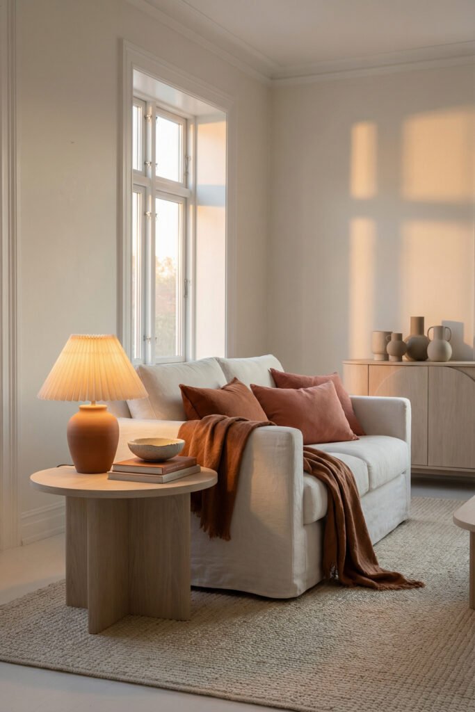 Cozy armchair with rust pillows, amber lamp glow, and soft neutral textures in a warm-toned summer living room.
