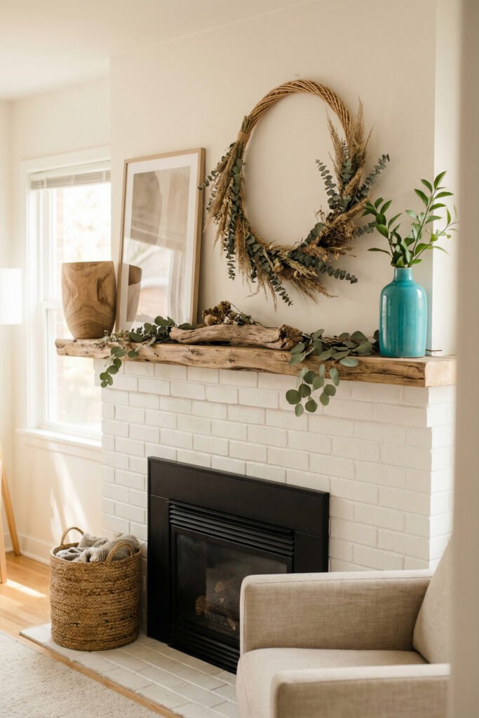 White brick mantel with a driftwood beam, dried wreath, eucalyptus garland, neutral art, and blue vase for relaxed summer mantle décor.
