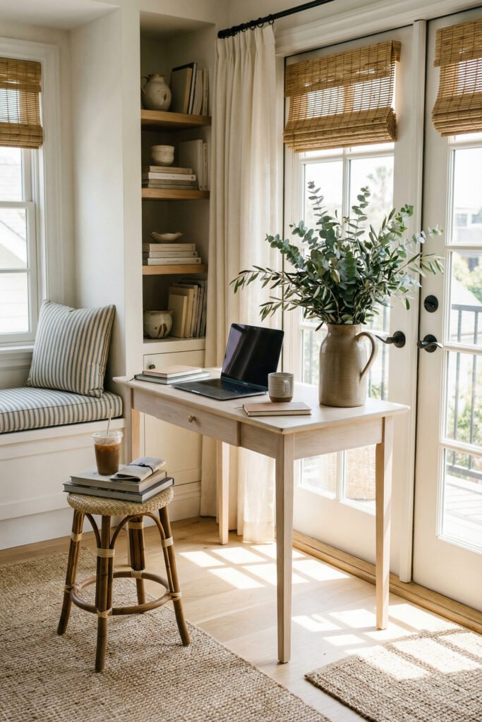Light wood desk with eucalyptus pitcher, laptop, striped window seat, and French doors in airy Summer Office Decor.
