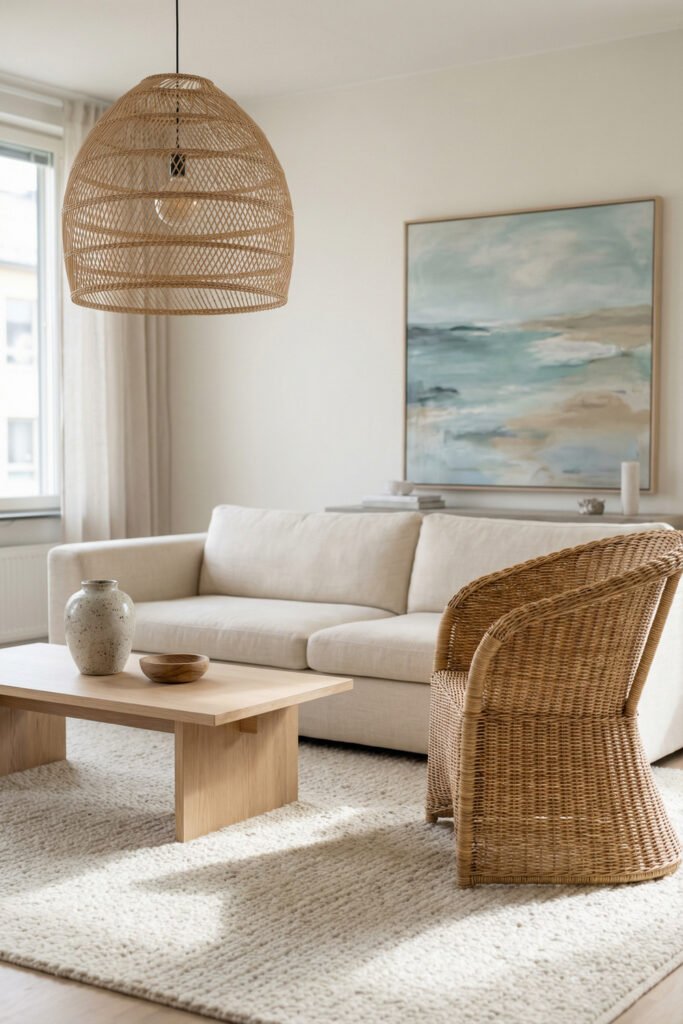 Coastal Summer Aesthetic Ideas for a Breezy Apartment 26 Bright living room with cream sofa, wicker chair, woven pendant, pale wood table, and beachy art in a soft coastal summer aesthetic.