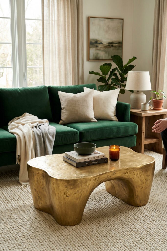 Green And Gold Room Ideas For A Stylish Living Room 35 Emerald green sofa with sculptural brass coffee table, cream pillows, beige curtains, and warm wood accents in an elegant living room.