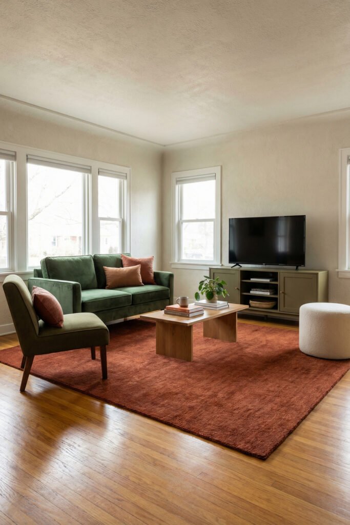 Rust Green And Rust Living Room corner with a rust sofa, olive built-ins, light wood side table, botanical print, and chunky knit throw.
