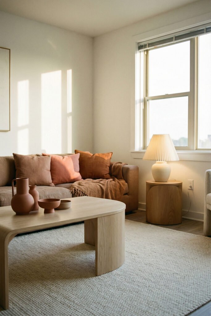 Neutral sofa with blush and terracotta pillows, sculptural wood tables, and warm evening light for Summer Living Room Decor.
