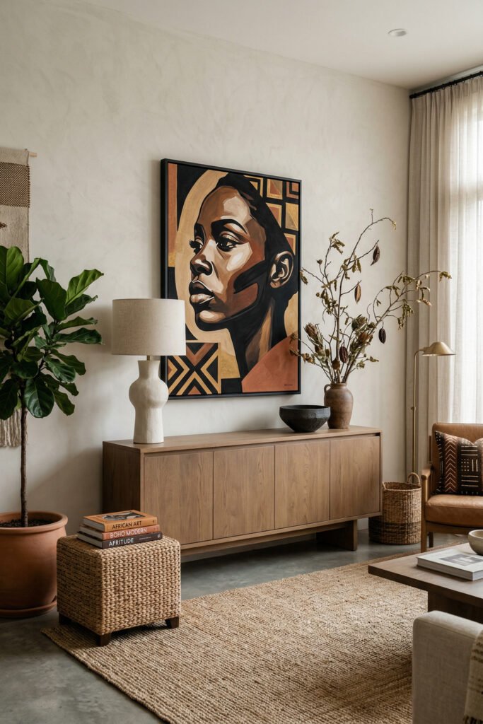Modern Afro Boho living room with a large graphic portrait above a wood sideboard, neutral lamp, dried branches, woven basket, and soft earthy tones

