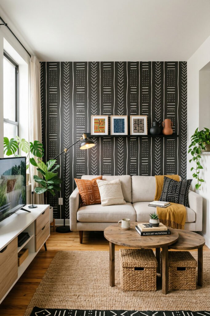 Small living room with black mudcloth-style accent wall, cream sofa, mustard and rust pillows, round wood tables, and woven storage in Afro Boho Decor style.
