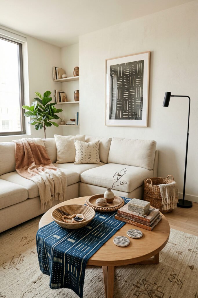 Plaster living room with arched shelves, colorful folded textiles, patterned pillows, woven baskets, and arched window in Afro Boho style.
