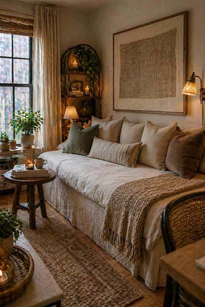 Neutral apartment lounge with daybed sofa, linen pillows, textile wall art, plants, and warm apartment vibes decor ideas
