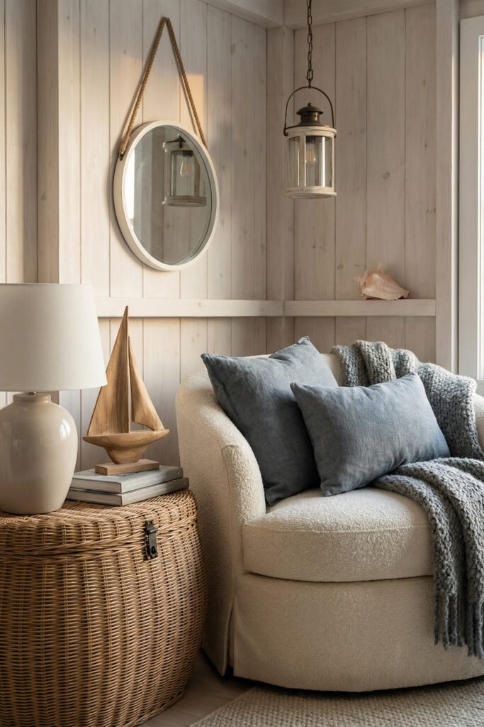 Beach Cottage Decor That Feels Fresh for Summer 24 Soft corner with boucle chair, blue pillows, wicker chest, rope mirror, sailboat decor, and lantern pendant in beach cottage decor.
