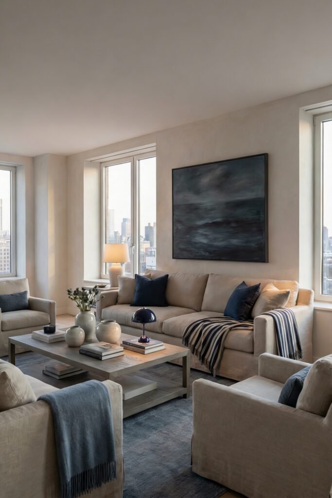 Coastal Summer Aesthetic Ideas for a Breezy Apartment 27 City apartment living room with navy accents, striped throw, ocean art, and soft lighting in an elevated coastal summer aesthetic.