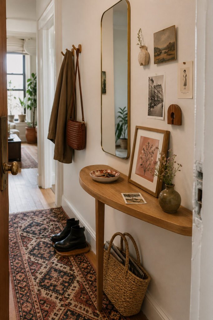 Small apartment entryway with wood console, brass mirror, art, coat hooks, woven basket, runner rug, and decor ideas with personality
