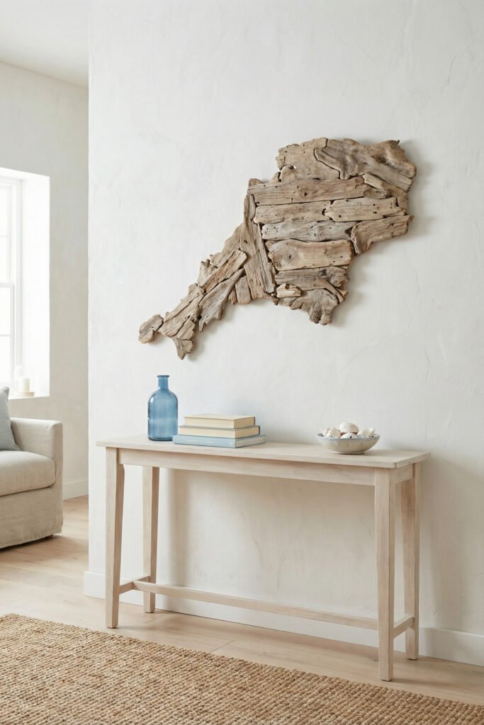 Diy Beach Decor That Feels Fresh for Summer 32 Driftwood wall art arranged above a slim console with blue bottle and shell bowl, sculptural DIY beach decor.