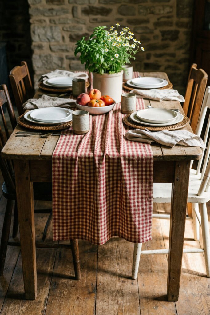 Farmhouse dining table with red gingham runner, woven placemats, white dishes, fruit bowl, and basil with daisies centerpiece for summer decor.
