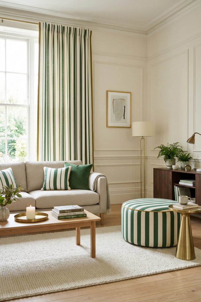 Green And Gold Room Ideas For A Stylish Living Room 36 Cream sofa with green striped drapes, striped ottoman, brass side table, and light wood coffee table in a bright classic living room.