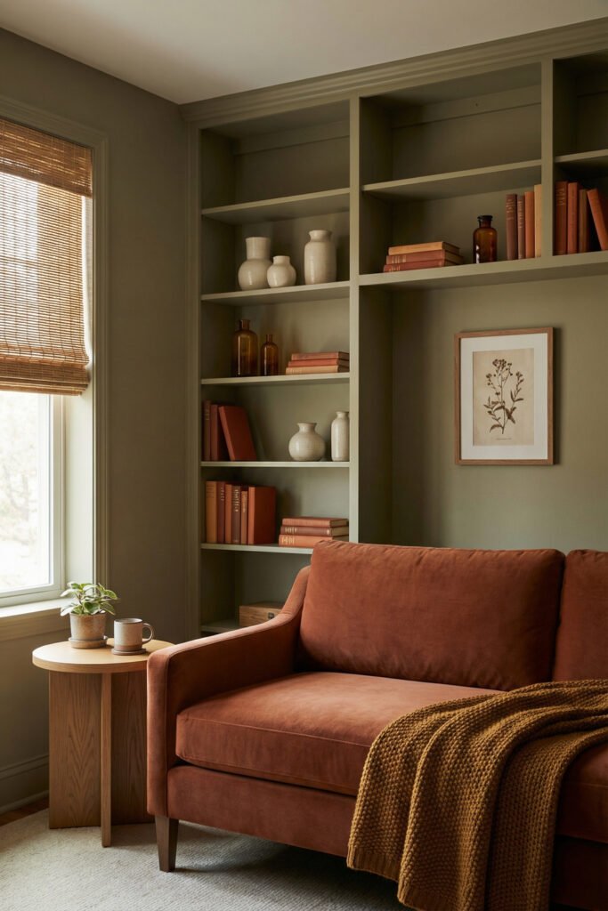 Moody Green And Rust Living Room with a rust sofa, dark olive built-ins, Roman shade, pale wood tables, and soft ceramic styling.
