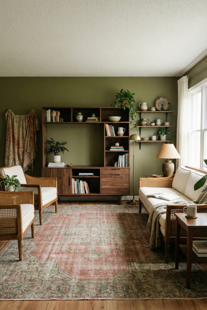 Green Boho Living Room Ideas With Relaxed Style 34 Earthy Green Boho Living Room with olive wall, walnut bookcase, cane chairs, cream loveseat, brass lamp, pottery, and faded vintage rug.