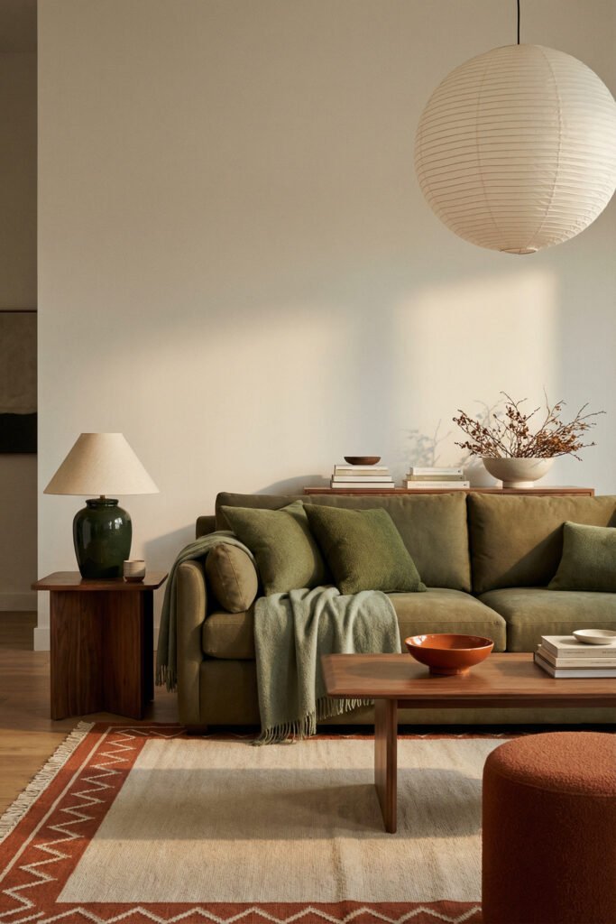 Green Burnt Orange Living Room Ideas With Rich, Easy Style 32 Olive sofa with rust bordered rug, walnut table, paper lantern and dark green lamp in a minimal Green Burnt Orange Living Room